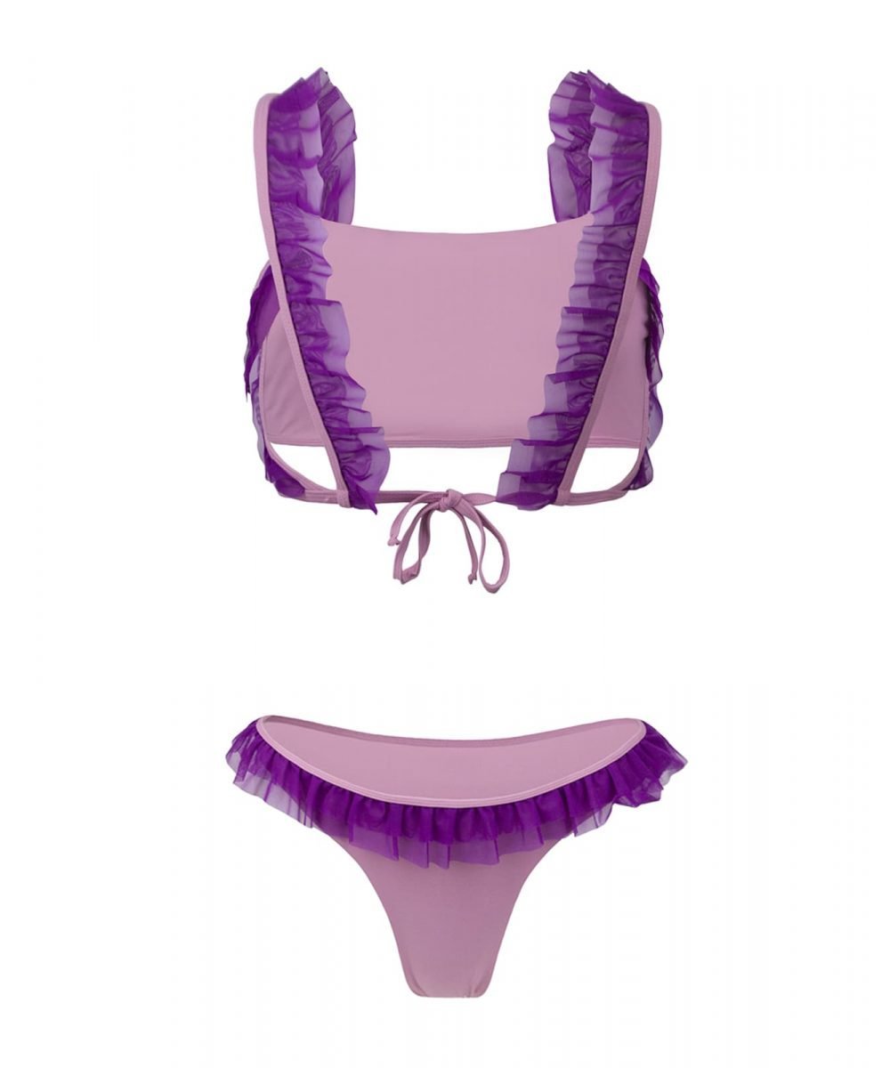Kinda 3D swimwear swimsuit with pink fabric ruffles grey bikini boho bohemian swisuit swimwear elegant bikini two pieces