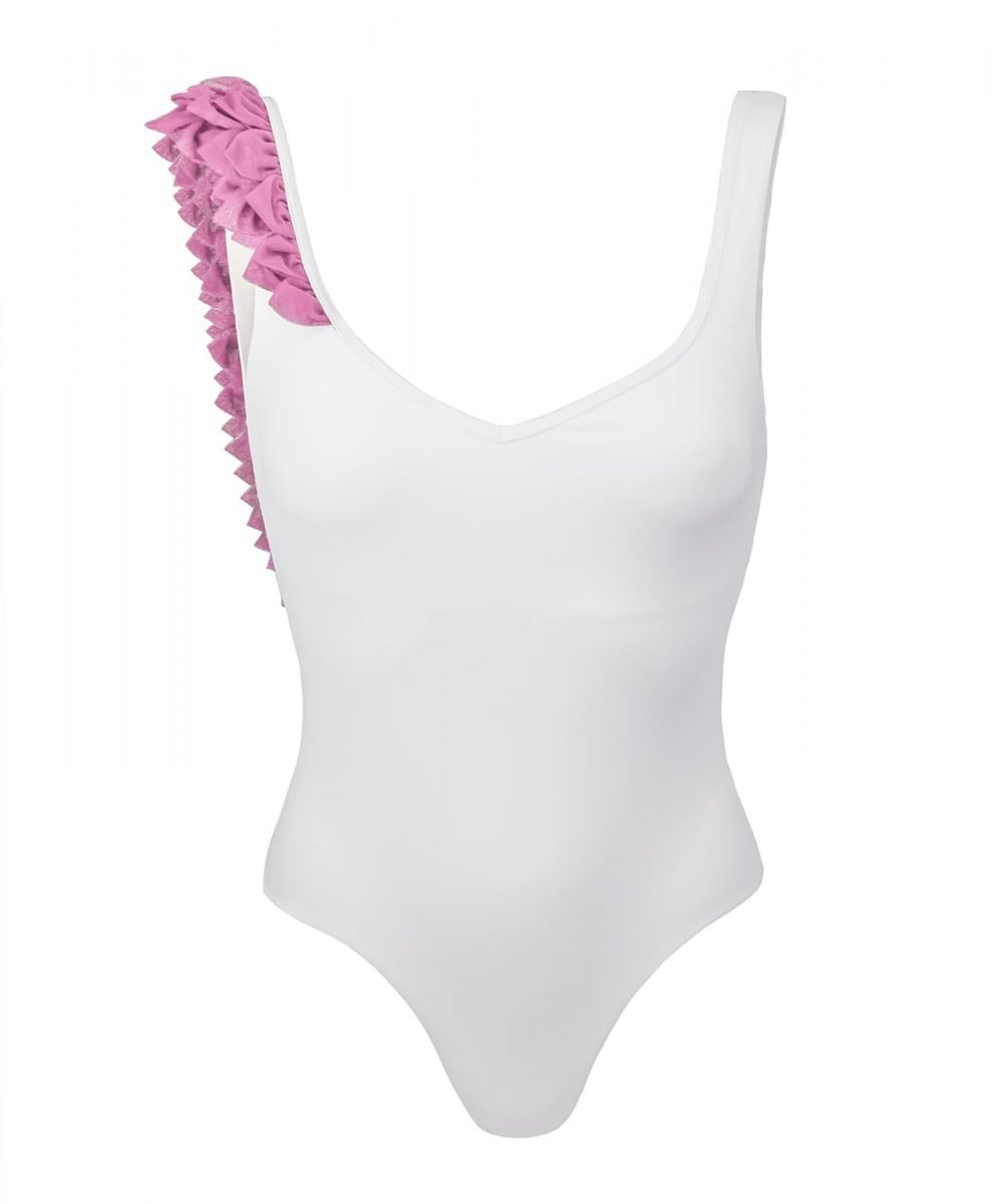 Kinda 3d swimwear one piece white pink swimsuit with petals bikini with flowers la reveche pink white embellished onepiece summer 2019 2020 summer vibes made in italy italian swimwear